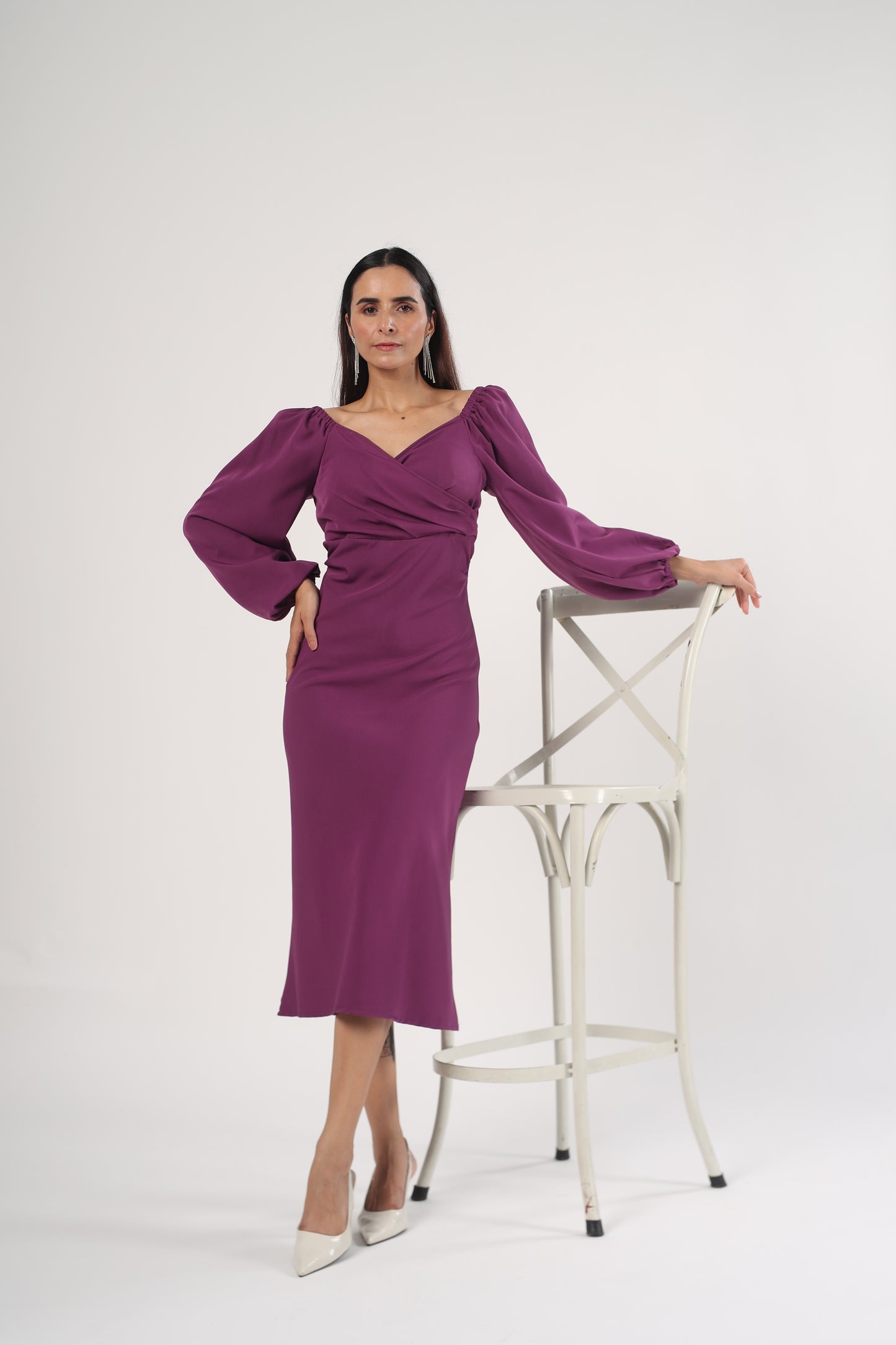 Harper - Puffy Sleeves Midi Dress