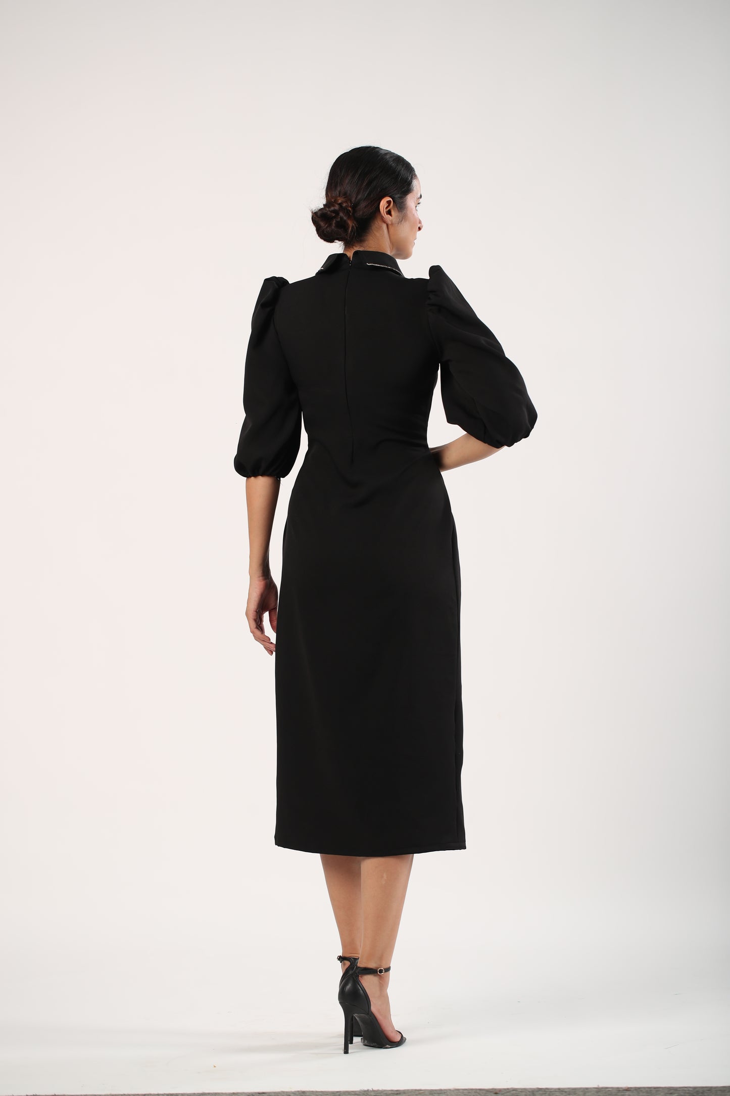 Scarlett - Black Rhinestone Collar Midi Dress