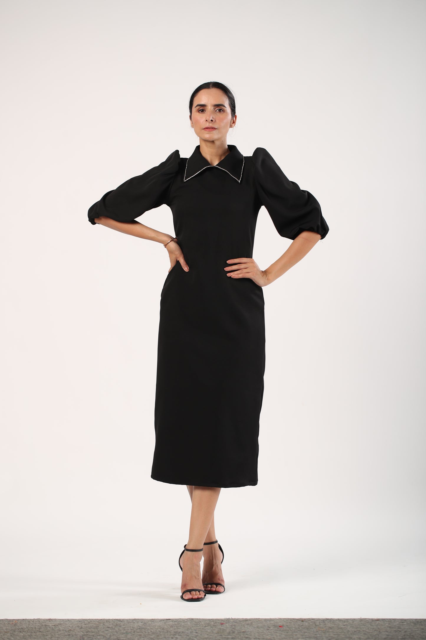 Scarlett - Black Rhinestone Collar Midi Dress