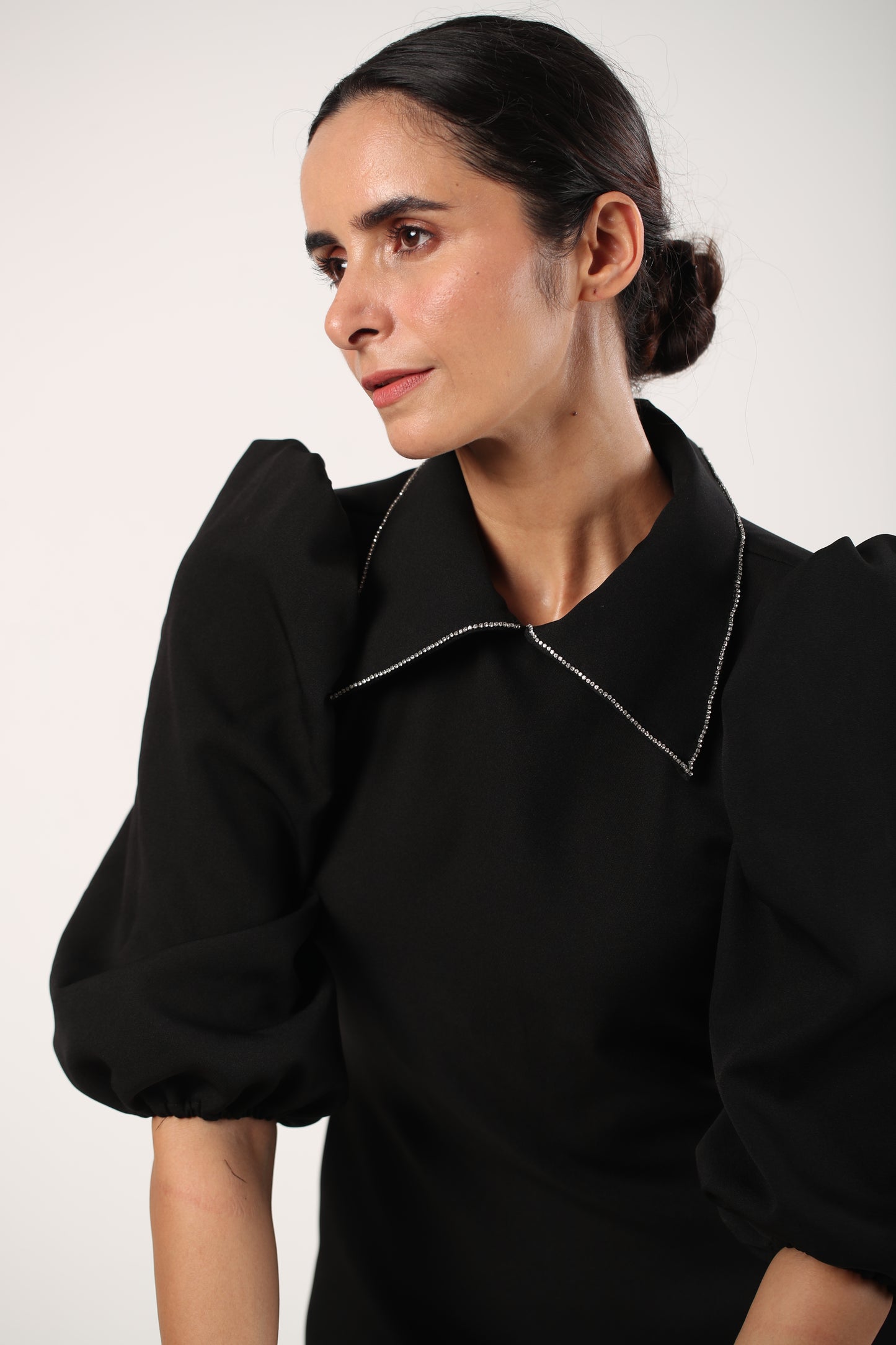 Scarlett - Black Rhinestone Collar Midi Dress