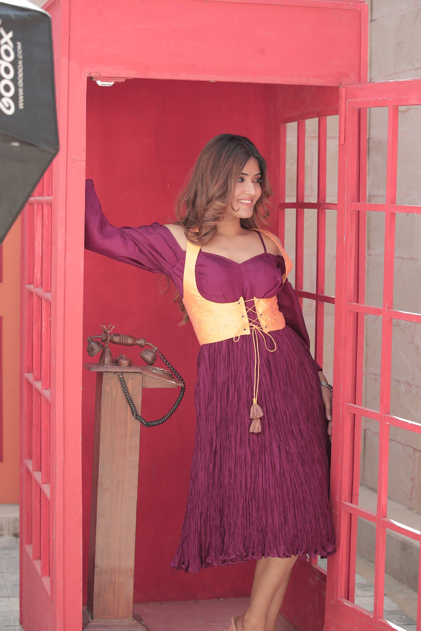 Burnt Burgundy Crush Dress with Amber Corset Jacket
