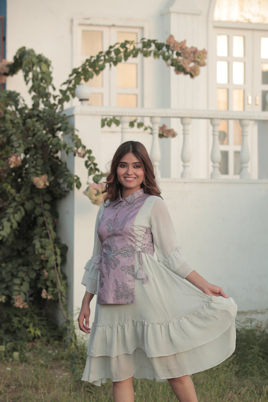 Smoke Grey Tired Free Style Dress With Hand Painted Lilac Corset Top