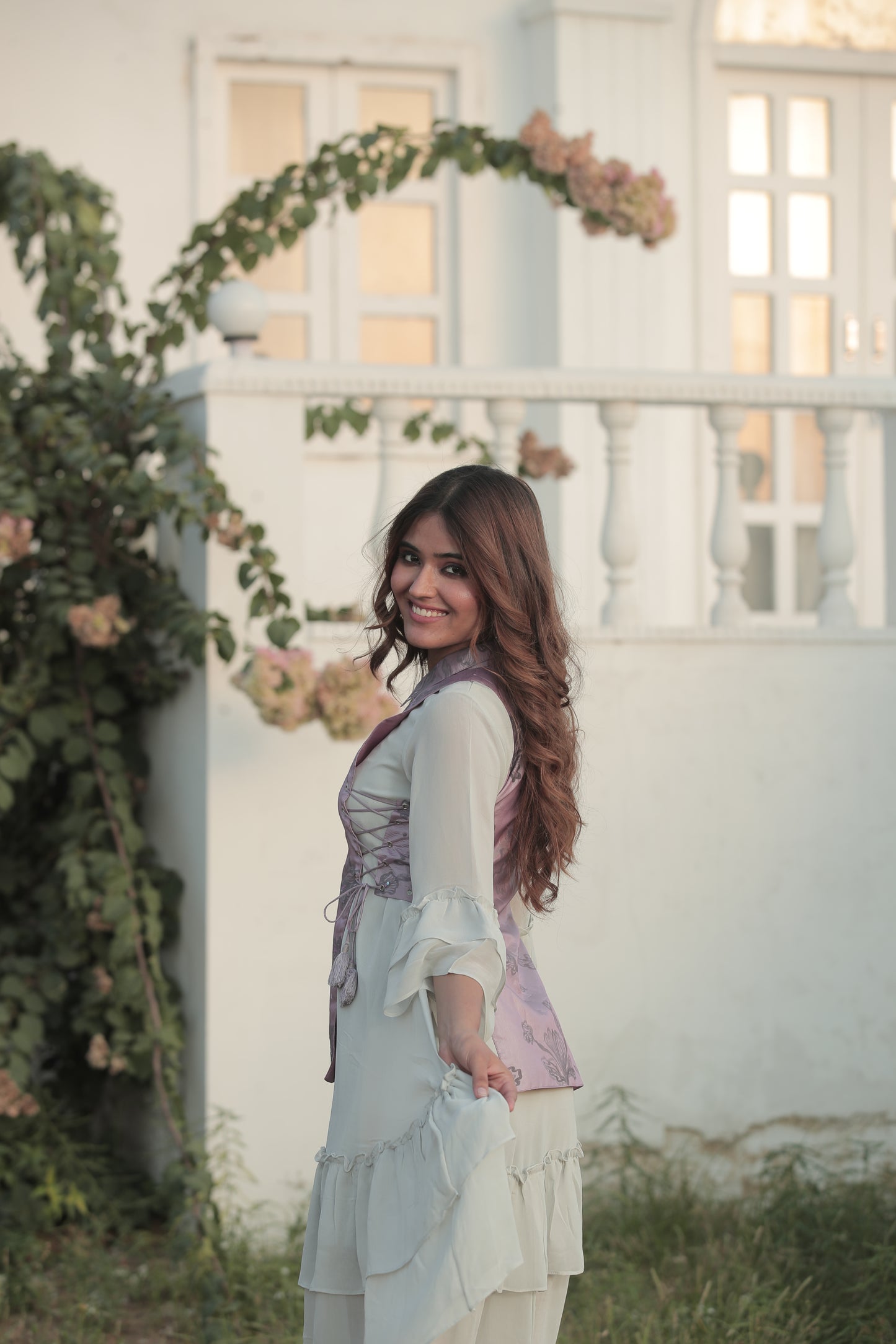 Smoke Grey Tired Free Style Dress With Hand Painted Lilac Corset Top
