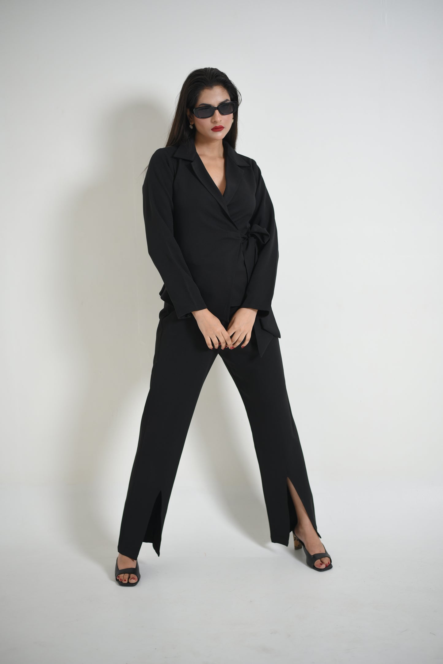 Ruby - Tie me up Knot Blazer & High rise front slit pants Co-ord Set
