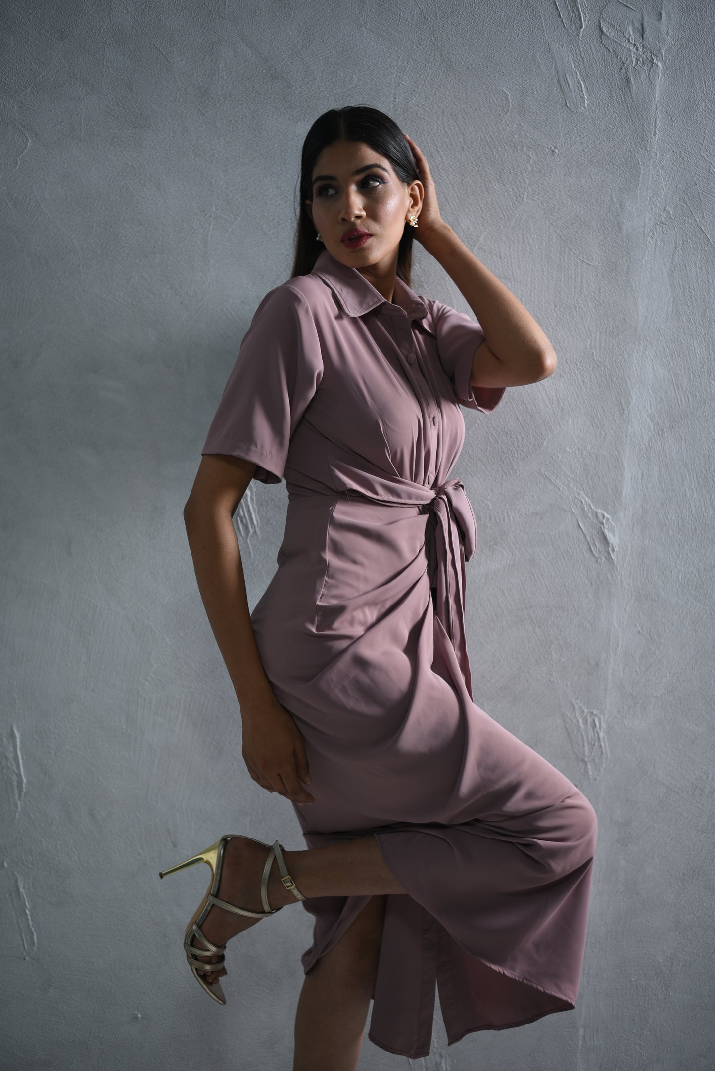 Lisa - Ruched Shirt  Wrap Maxi Dress with Belt