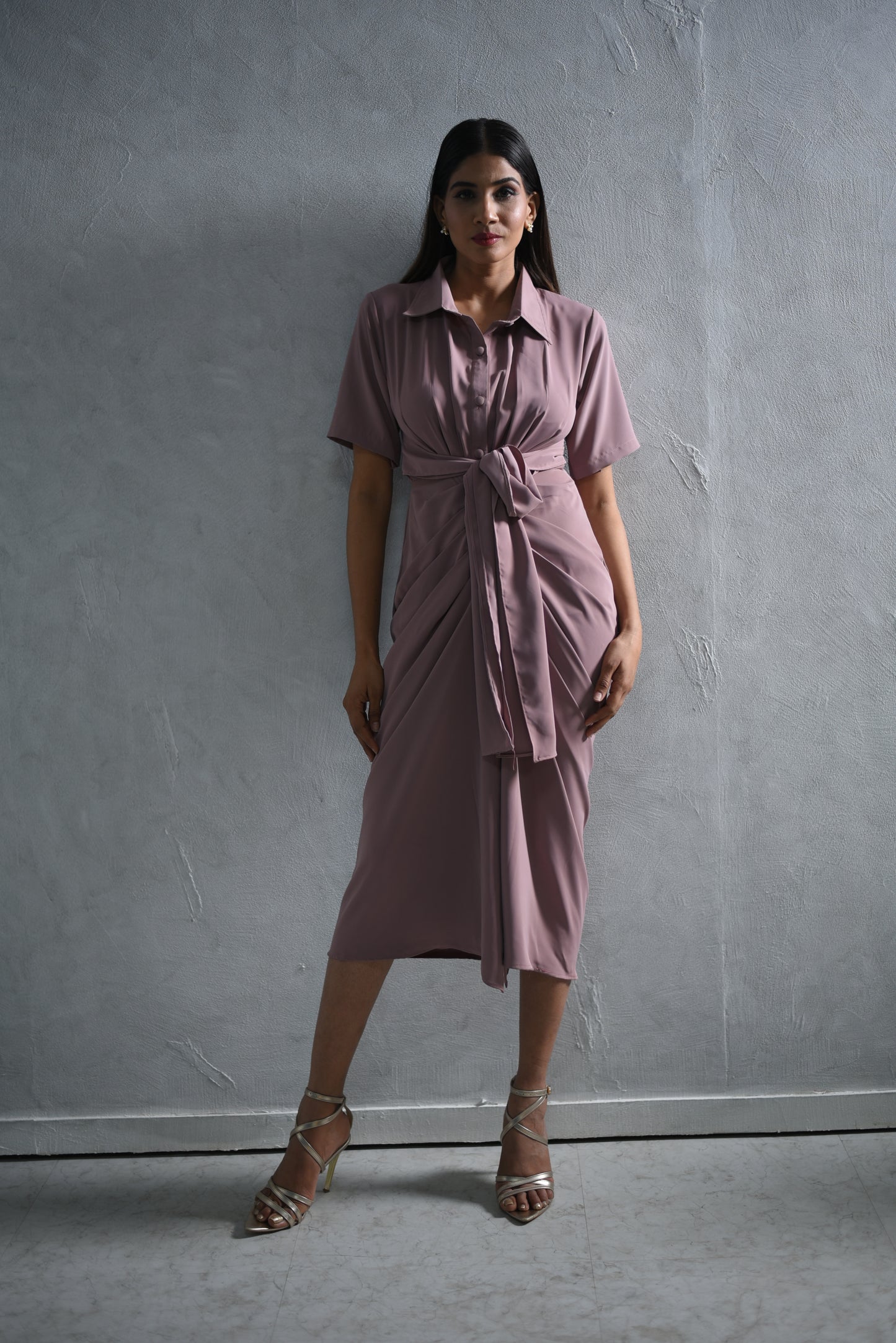 Lisa - Ruched Shirt  Wrap Maxi Dress with Belt