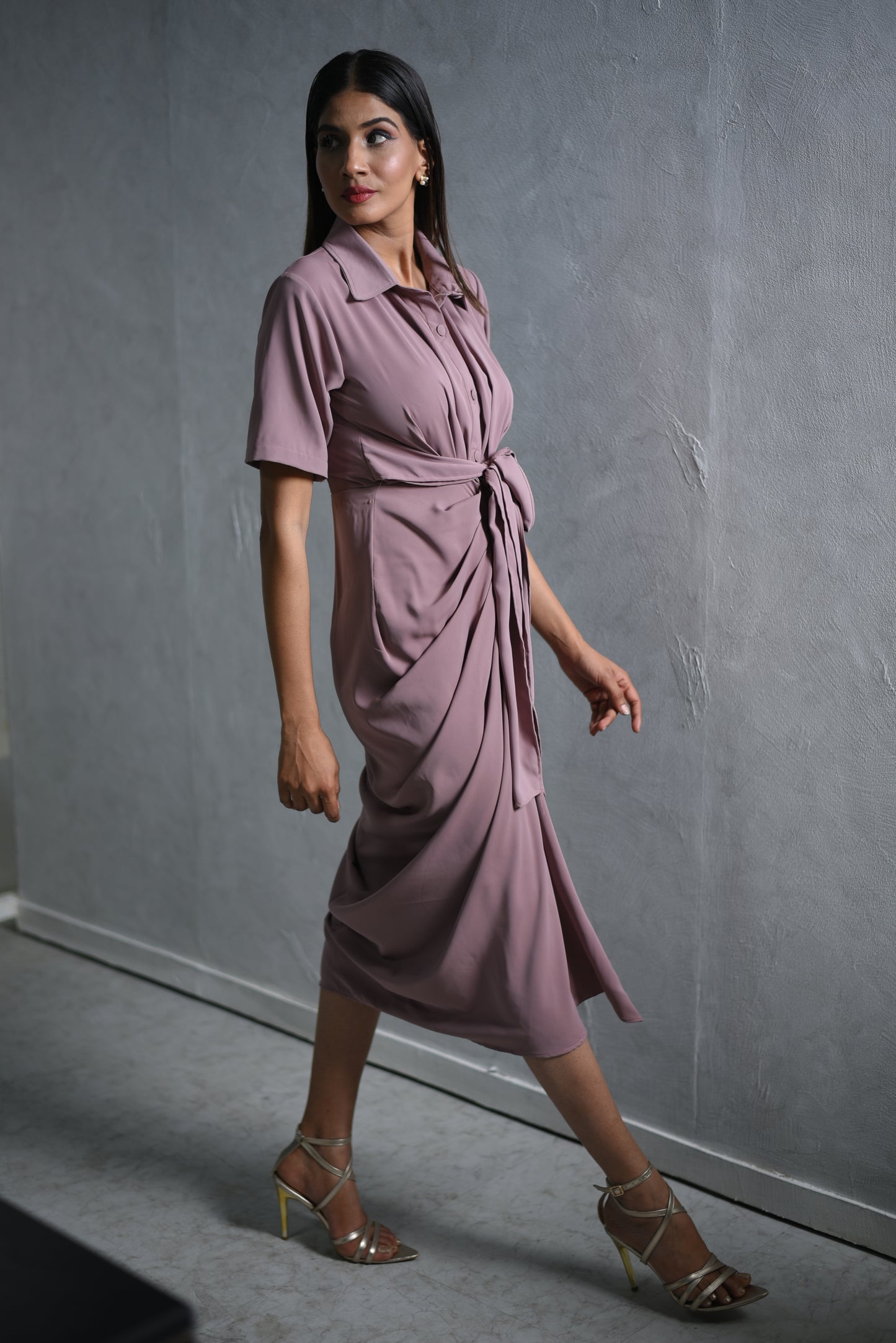 Lisa - Ruched Shirt  Wrap Maxi Dress with Belt