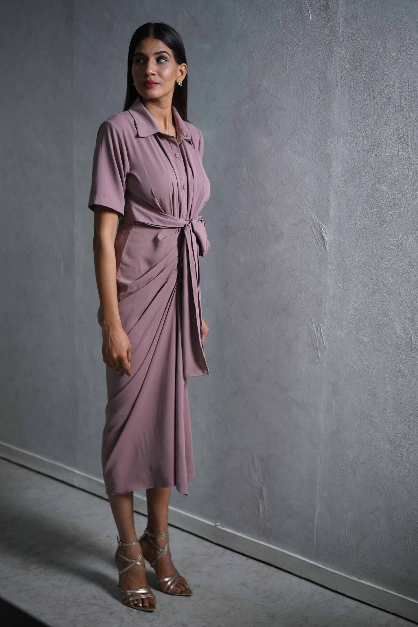 Lisa - Ruched Shirt  Wrap Maxi Dress with Belt