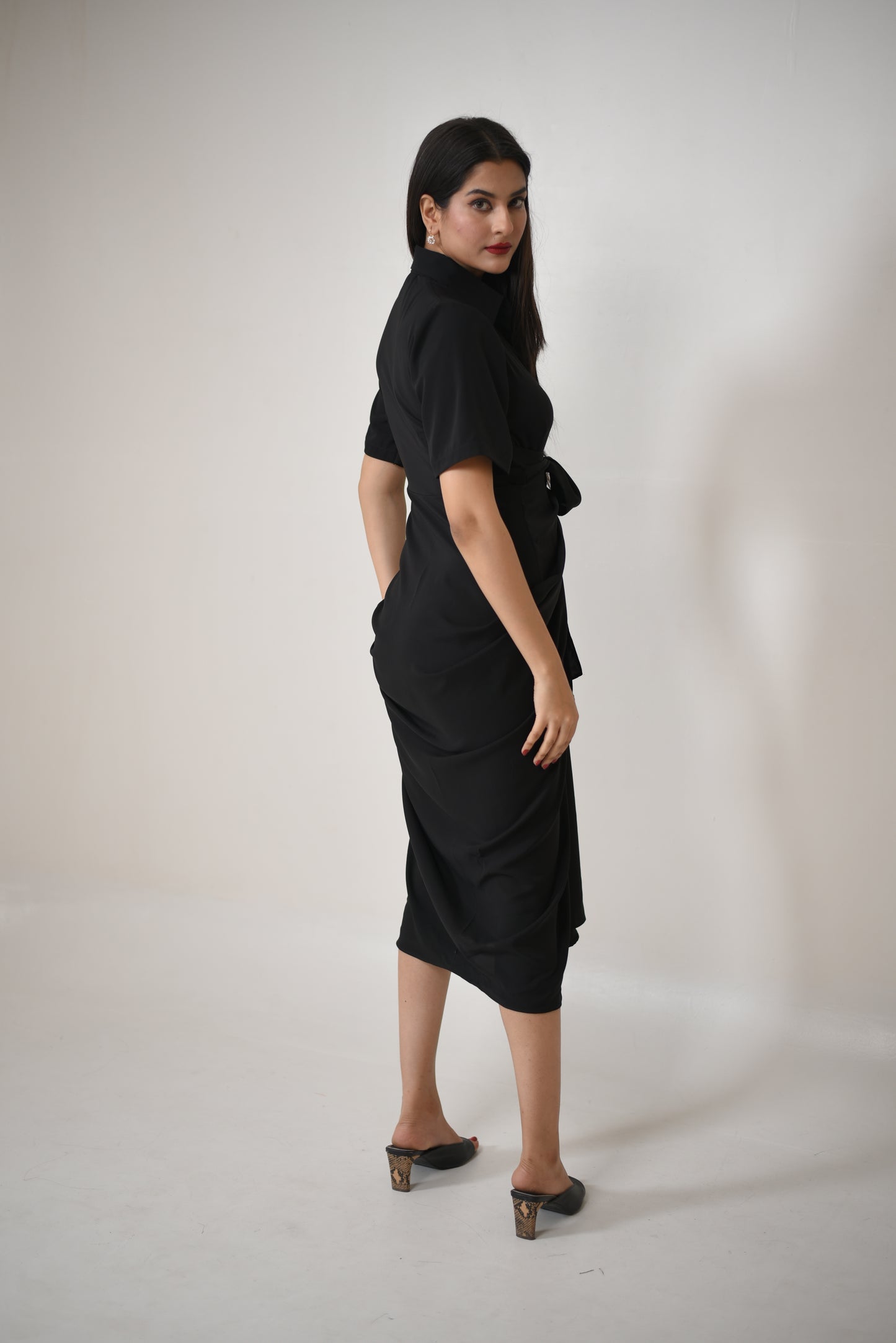 Lisa - Ruched Shirt Wrap Maxi Dress with Belt