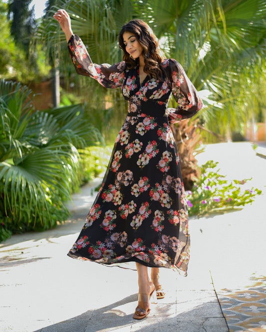 Freya -  Black Floral Long Dress