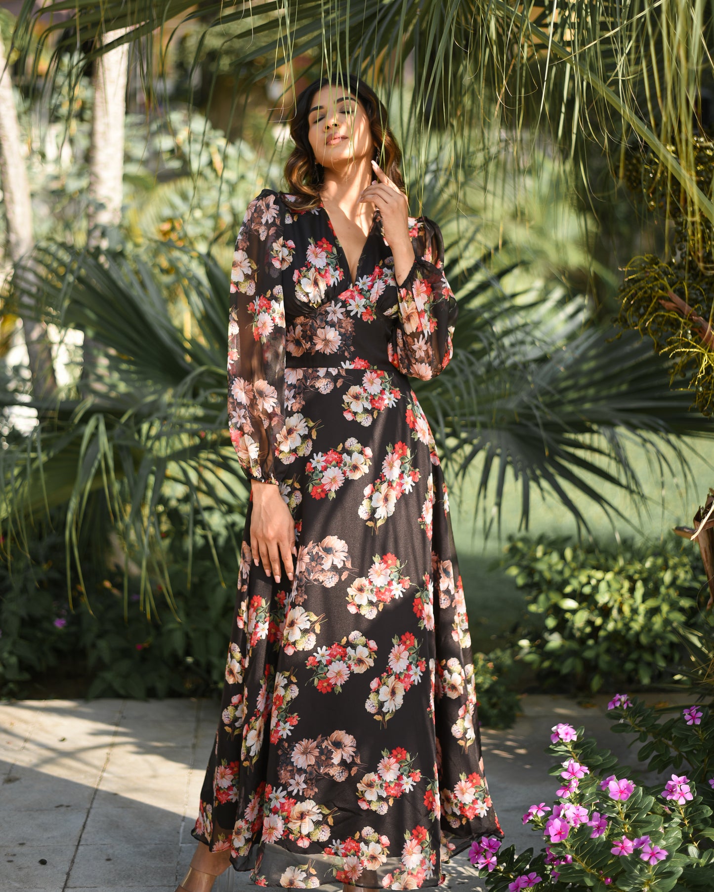 Freya -  Black Floral Long Dress