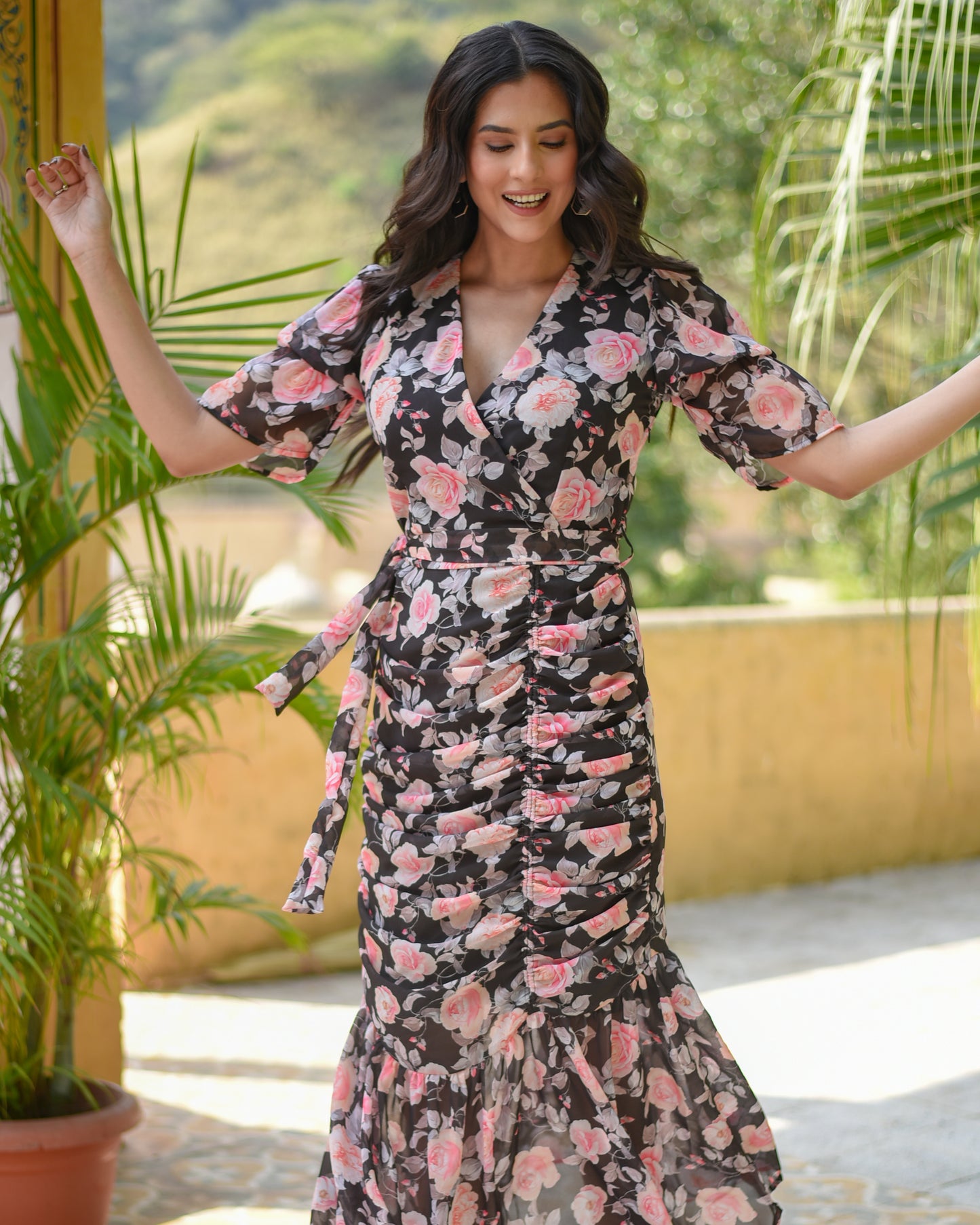 Zara - The  Floral Ruched Asymmetrical Dress