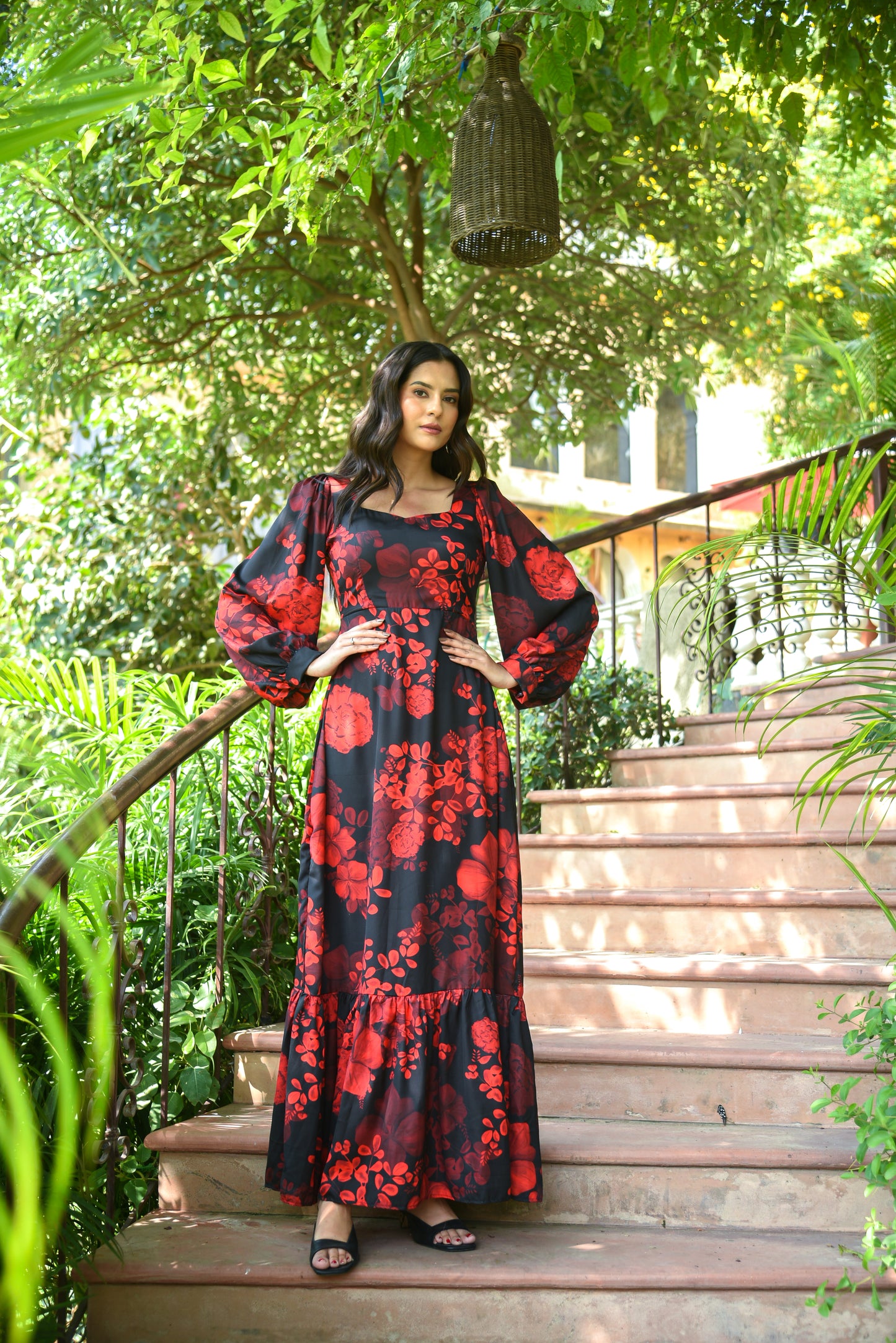 Layla - Black Red Long Floral Dress