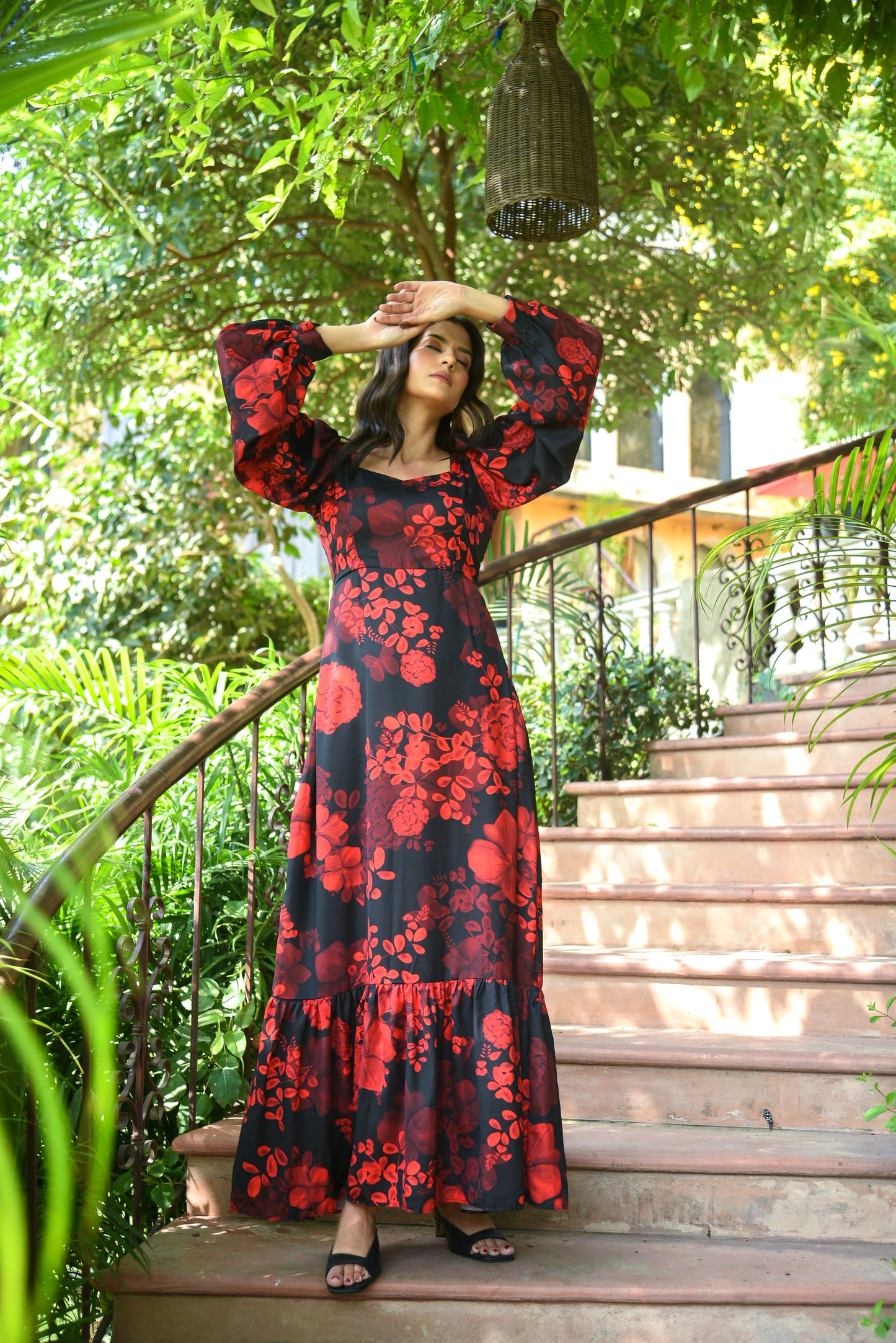 Layla - Black Red Long Floral Dress