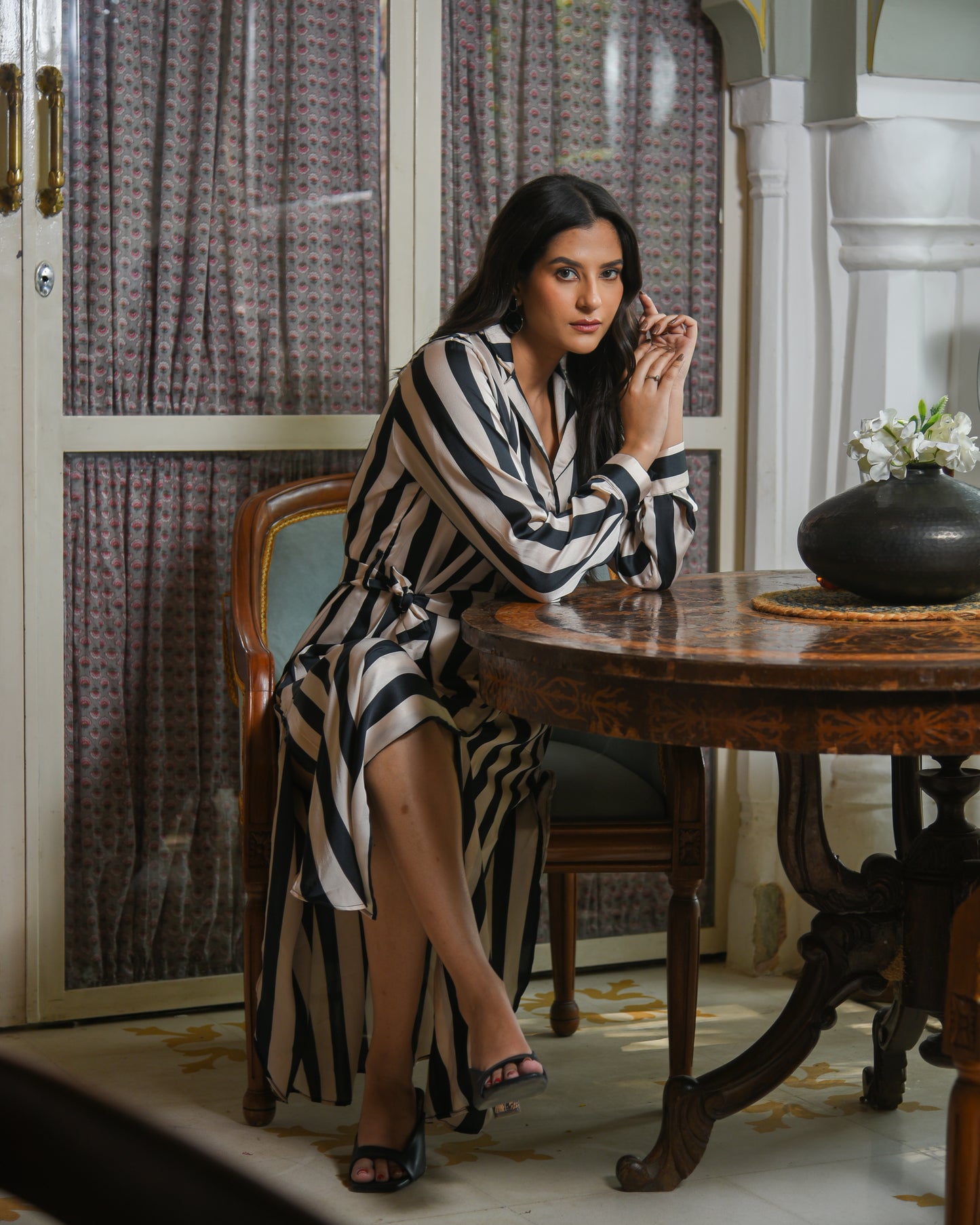 Emma - Black And Blush Stripes Satin Dress