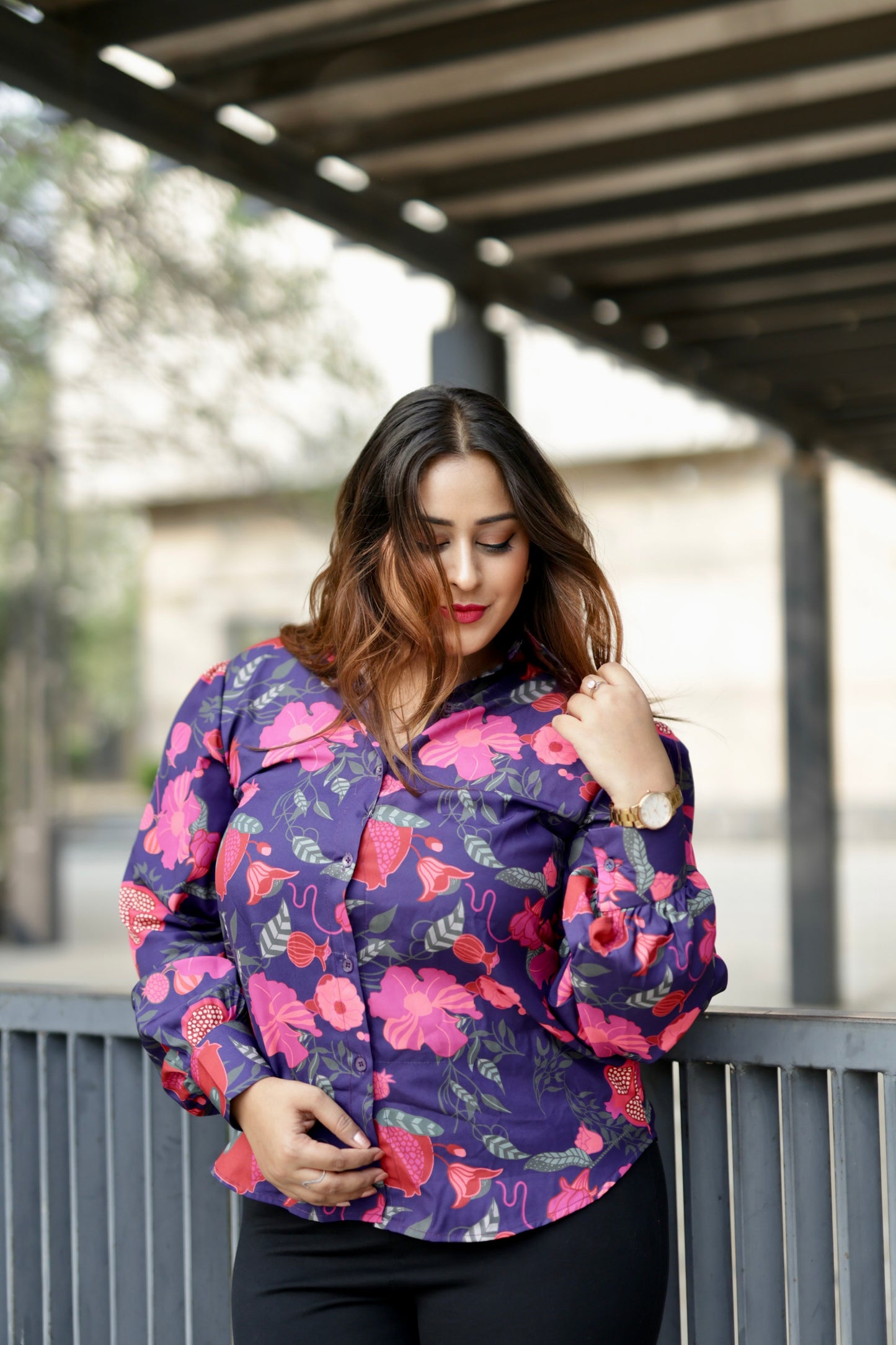 Jessi - Purple Pink Floral Printed Loose Fit Shirt