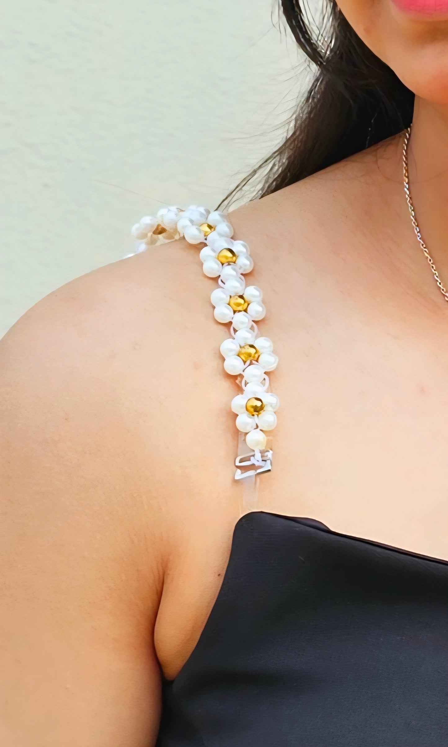 Pearl Daze- Handmade White and Golden Bra Strap