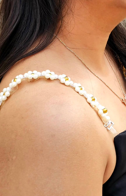 Pearl Daze- Handmade White and Golden Bra Strap