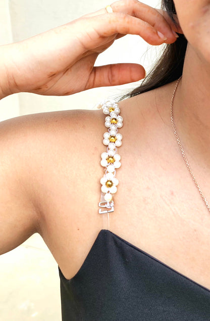 Pearl Daze- Handmade White and Golden Bra Strap