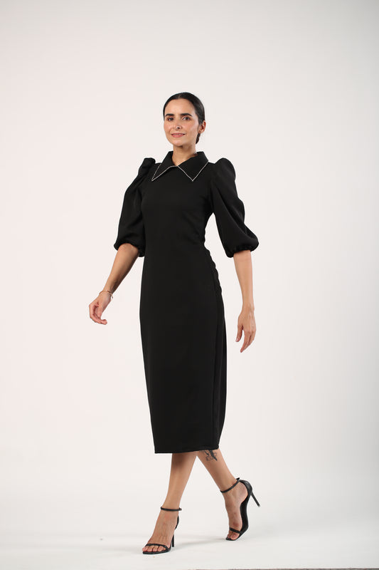 Scarlett - Black Rhinestone Collar Midi Dress