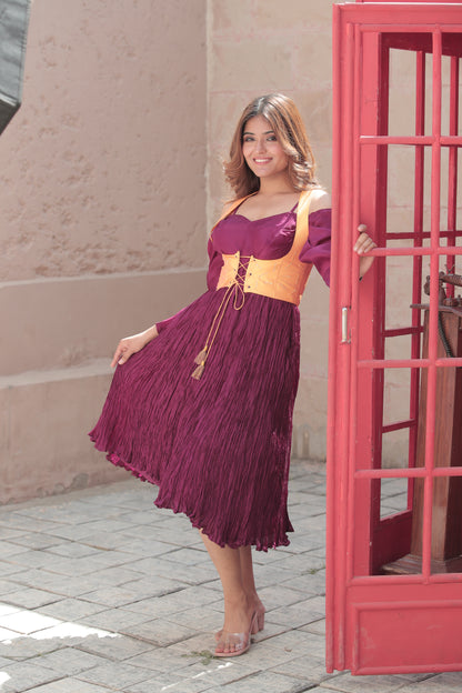 Burnt Burgundy Crush Dress with Amber Corset Jacket