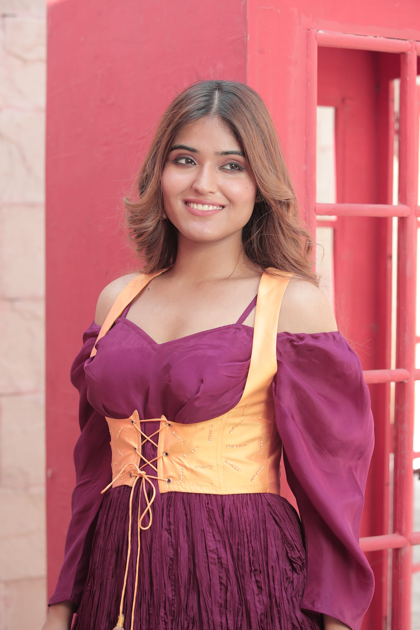 Burnt Burgundy Crush Dress with Amber Corset Jacket