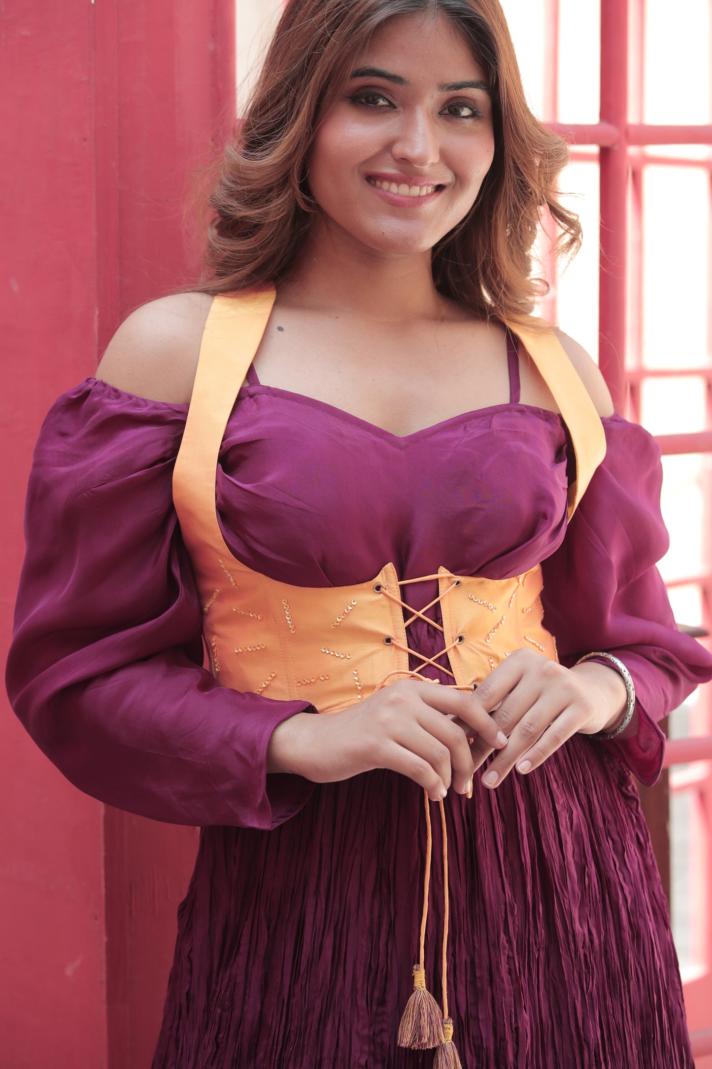Burnt Burgundy Crush Dress with Amber Corset Jacket