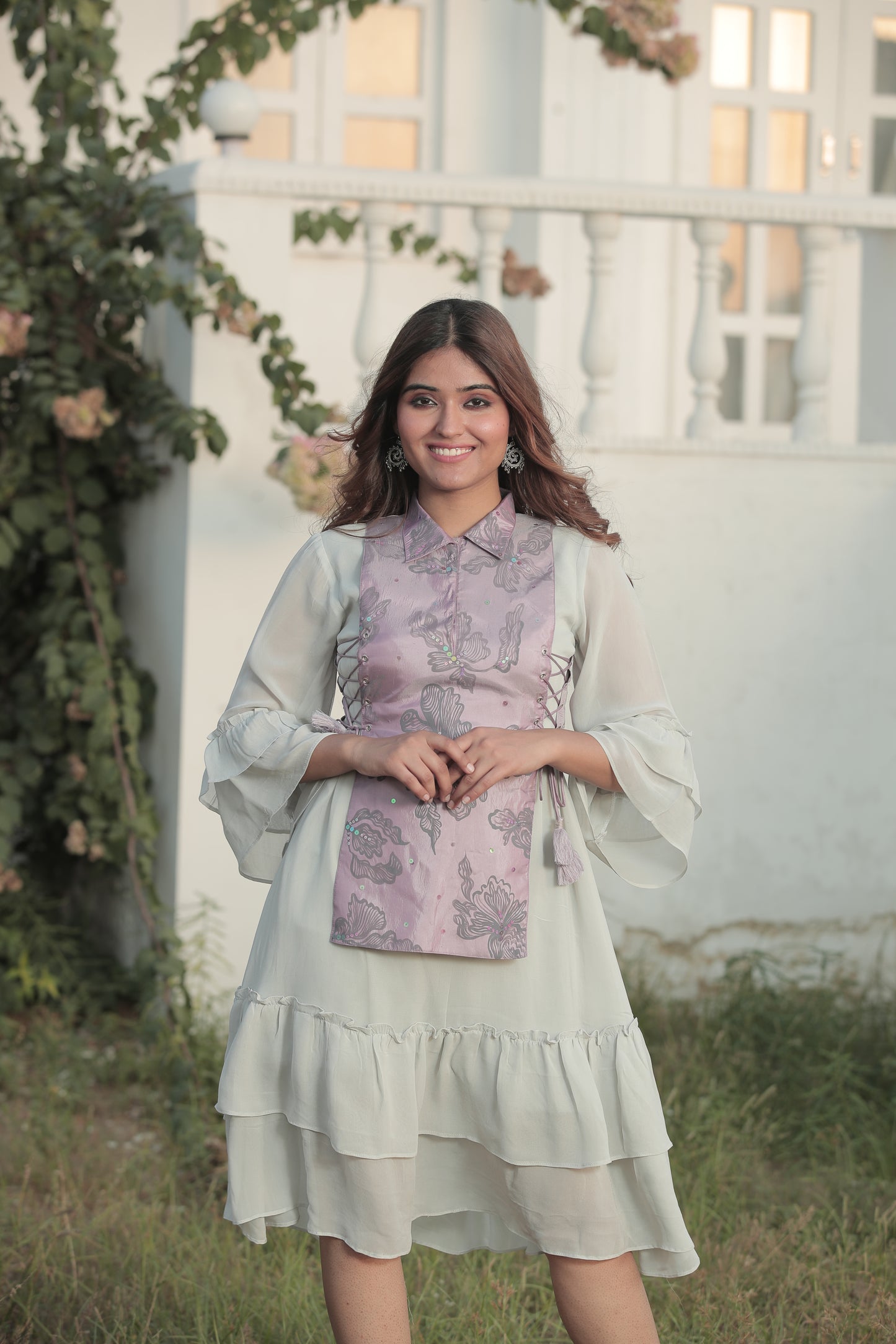 Smoke Grey Tired Free Style Dress With Hand Painted Lilac Corset Top