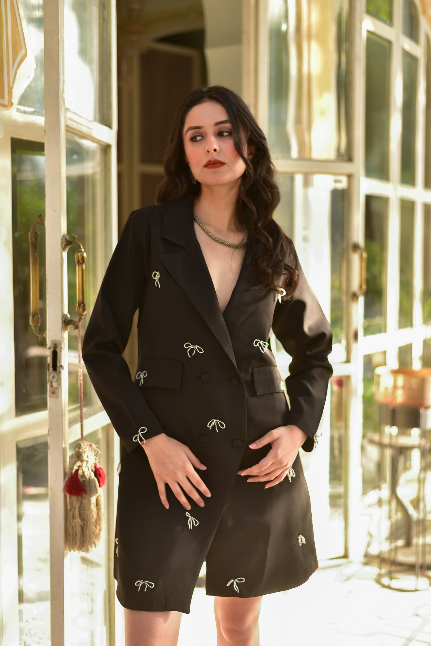 Black Crystal Bow Fancy Blazer Dress