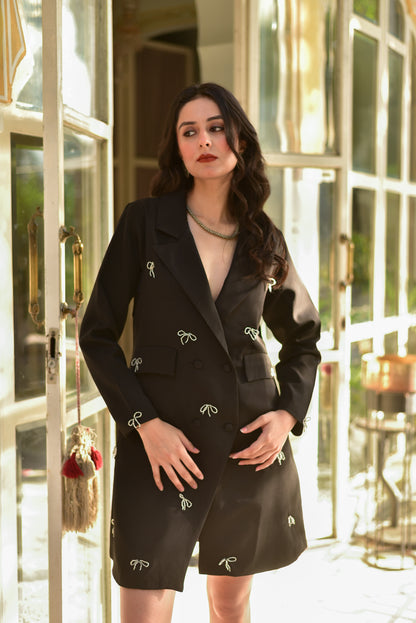 Black Crystal Bow Fancy Blazer Dress