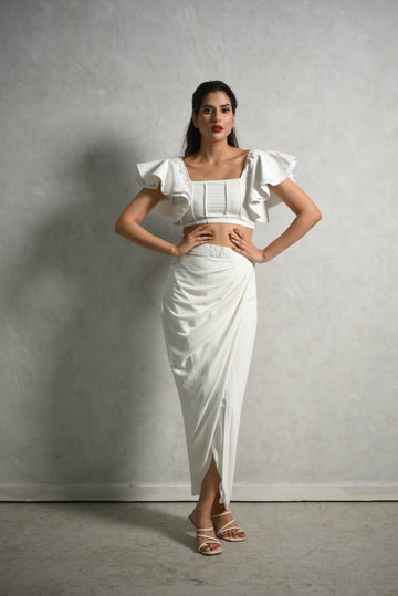 Drop Shoulder Sleeve Shirt & Beaded Applique Wrap Skirt Coord Set