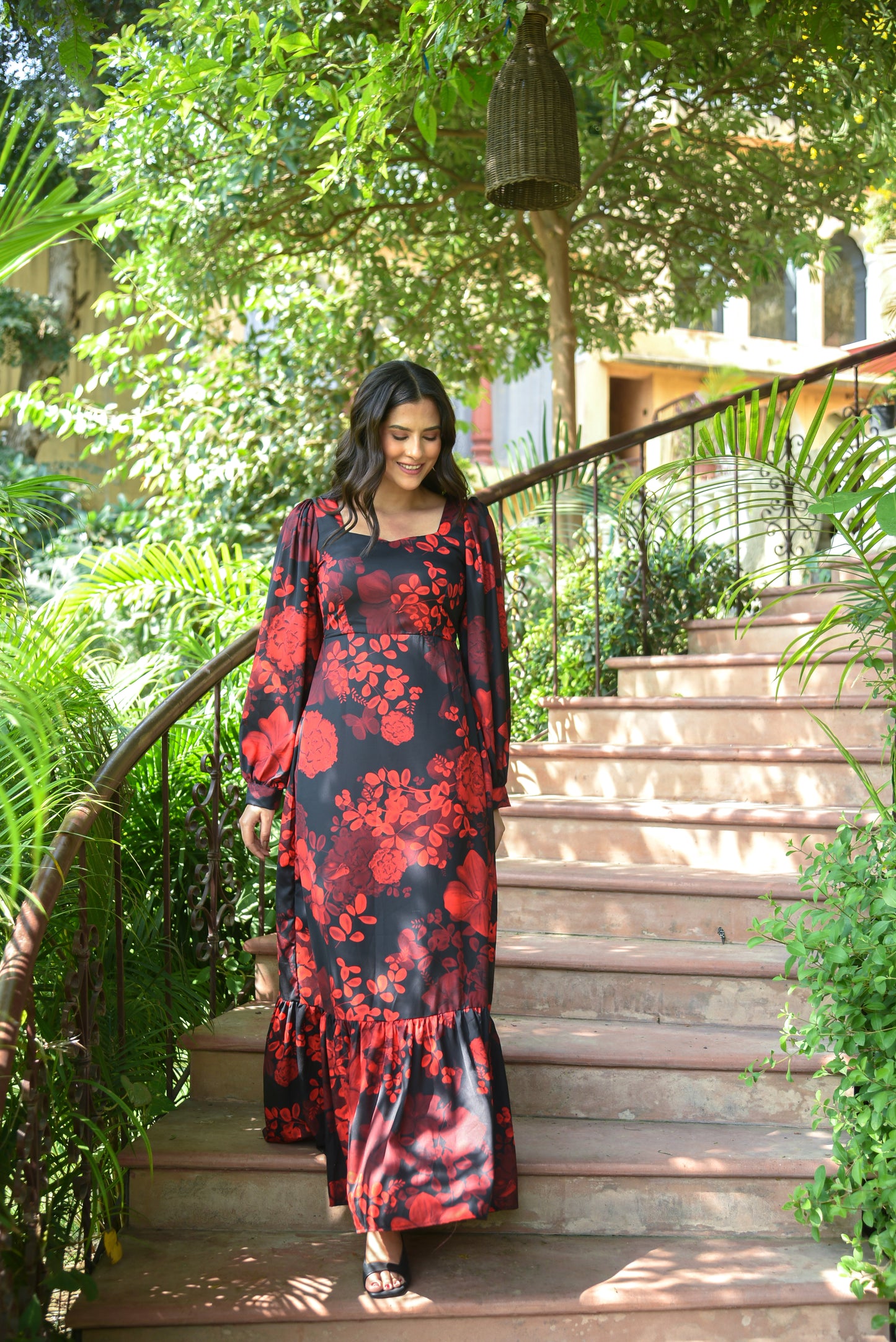 Layla - Black Red Long Floral Dress