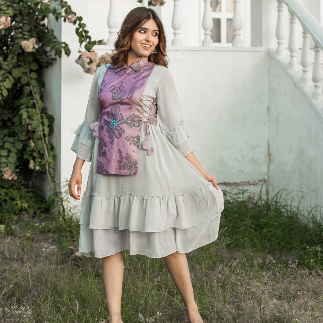 Smoke Grey Tired Free Style Dress With Hand Painted Lilac Corset Top