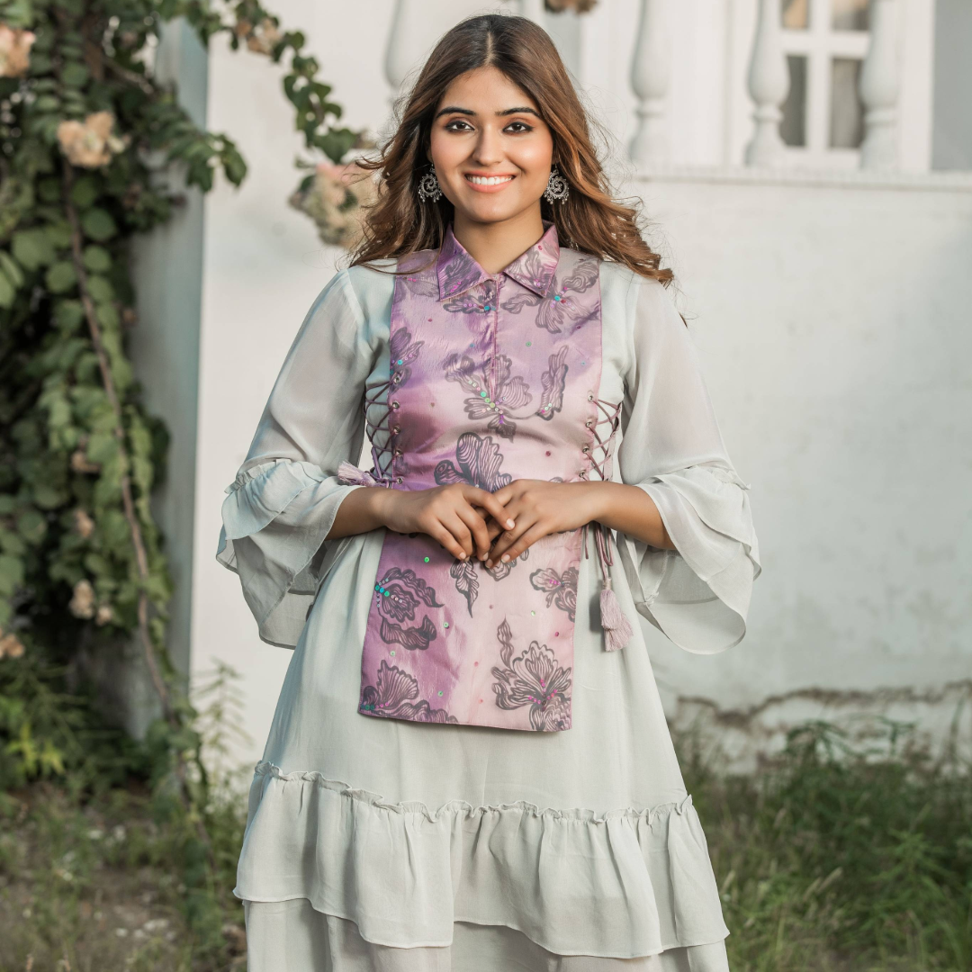 Smoke Grey Tired Free Style Dress With Hand Painted Lilac Corset Top